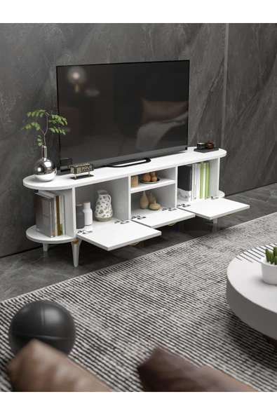 Tv Sehpası Tv Ünitesi Raflı 140 Cm Gzd Beyaz - Resim 4