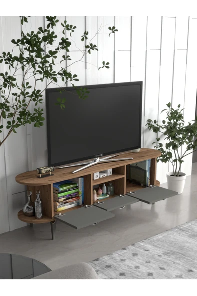 Tv Sehpası Tv Ünitesi Kapaklı Raflı Setro Traverten - Resim 4