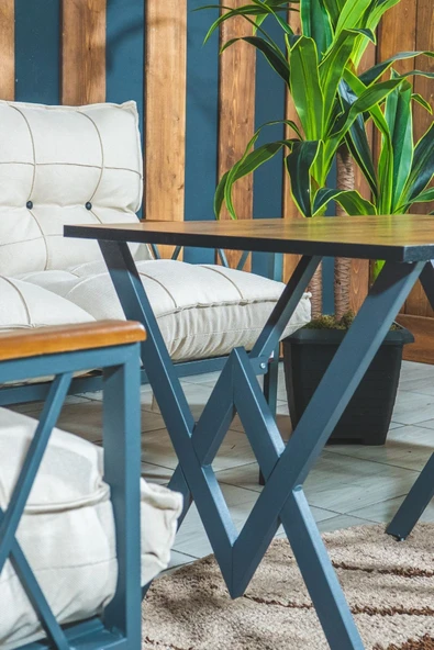 UFUK HOME Miray 211 Masalı Krem Fermuarlı Bahçe Balkon Takımı, Salon, Teras- Berjer Düğmeli Metal Çay Seti - Resim 4