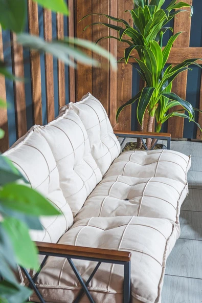 UFUK HOME Miray 311 Masalı Krem Fermuarlı Bahçe Balkon Takımı, Salon, Teras- Berjer Düğmeli Metal Çay Seti - Resim 4