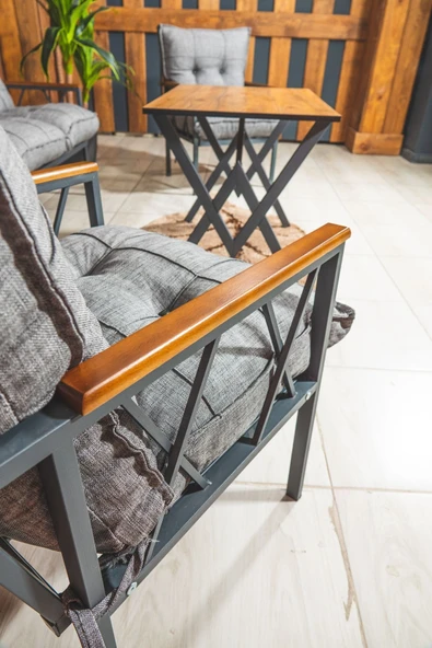 UFUK HOME Miray 211 Masalı Gri Fermuarlı Bahçe Balkon Takımı, Salon, Teras- Berjer Düğmeli Metal Çay Seti - Resim 3