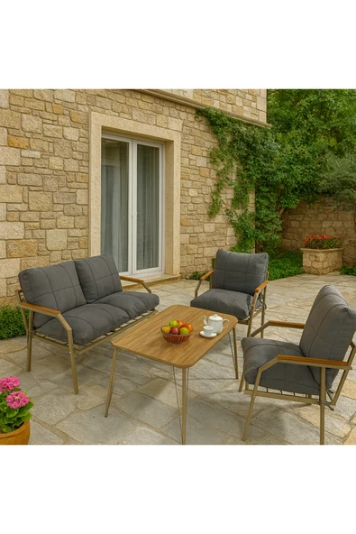 UFUK HOME Linda Cappuccino 211 Masalı Gri Fermuarlı Bahçe Balkon Takımı,Cafe-Metal Kanepe Koltuk Takımı ürün görseli