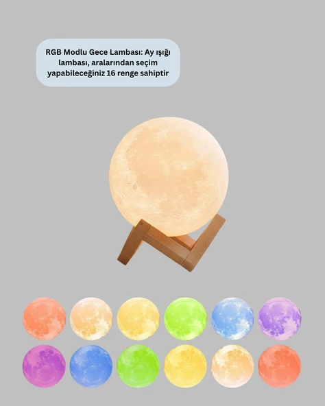 16 Renkli 3D Ay Gece Lambası RGB Modlu Şarjlı Uzaktan Kumandalı - Resim 2