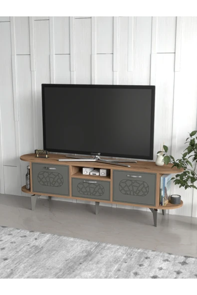 Tv Sehpası Tv Ünitesi Kapaklı Raflı Setro Traverten - Resim 3