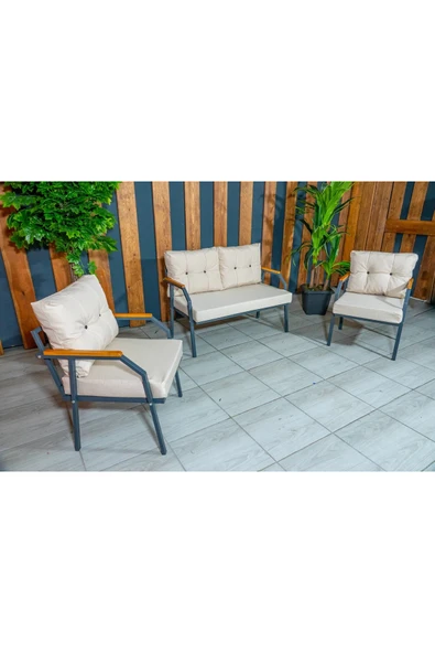UFUK HOME Zeyd 211 Krem Fermuarlı Bahçe Balkon Takımı, Salon - Metal Kanepe Koltuk Takımı - Resim 5