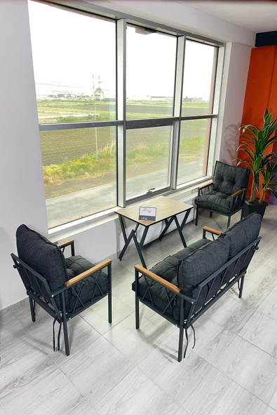 UFUK HOME Miray 211 Masalı Antrasit Fermuarlı Bahçe Balkon Takımı, Salon, Teras- Berjer Düğmeli Metal Çay Seti - Resim 2