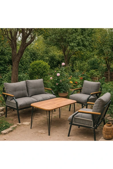 UFUK HOME Linda 211 Masalı Örgülü Açık Gri Fermuarlı BahçeBalkon Takımı, Cafe, Salon Metal Kanepe Takımı ürün görseli