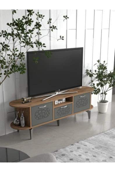 Tv Sehpası Tv Ünitesi Kapaklı Raflı Setro Traverten - Resim 5