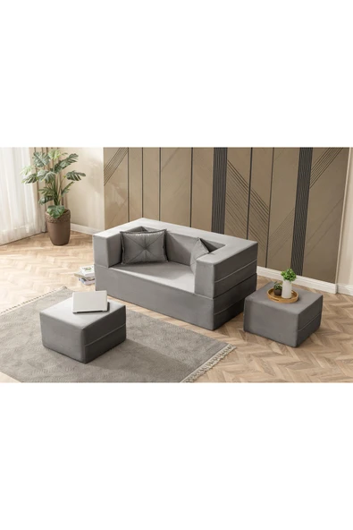 UFUK HOME Buhara Çift Kişilik Açılır Koltuk&çift Kişilik Puflu&uzanma Koltuğu&silinebilir Çok Amaçlı Antrasit - Resim 6