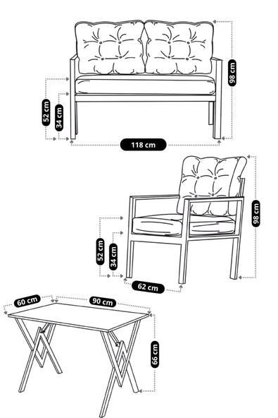 UFUK HOME Miray 211 Masalı Gri Fermuarlı Bahçe Balkon Takımı, Salon, Teras- Berjer Düğmeli Metal Çay Seti - Resim 3