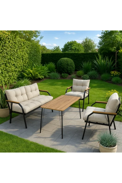 UFUK HOME Milas 211 Masalı Krem Fermuarlı Bahçe Balkon Takımı, Cafe, Salon - Metal Kanepe Koltuk Takımı ürün görseli