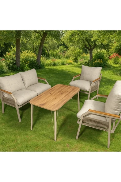 UFUK HOME Linda 211 Örgülü Masalı Krem Fermuarlı Bahçe Balkon Takımı, Cafe, Salon Metal Kanepe Takım ürün görseli