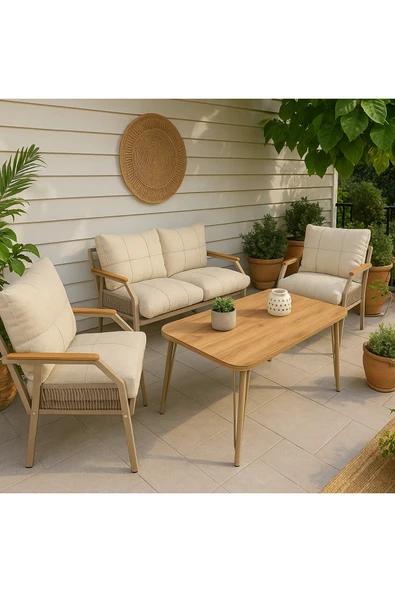 UFUK HOME Linda 211 Örgülü Masalı Krem Fermuarlı Bahçe Balkon Takımı, Cafe, Salon Metal Kanepe Takım - Resim 2