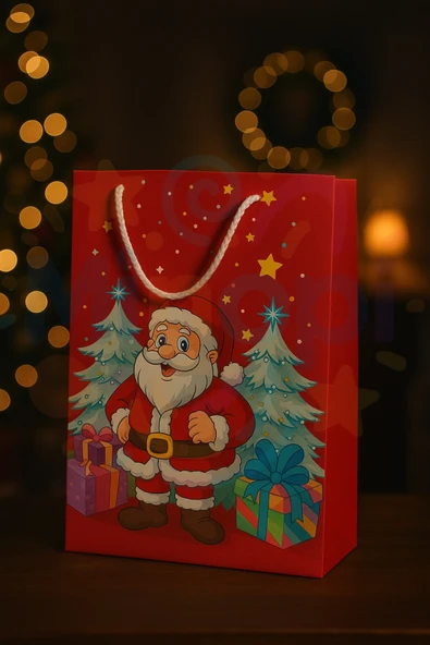 ( 2 Adet ) Noel Baba Desenli Hediye Çantası Kırmızı Yılbaşı Hediye Poşeti 25x30x9 Christmas - Resim 2
