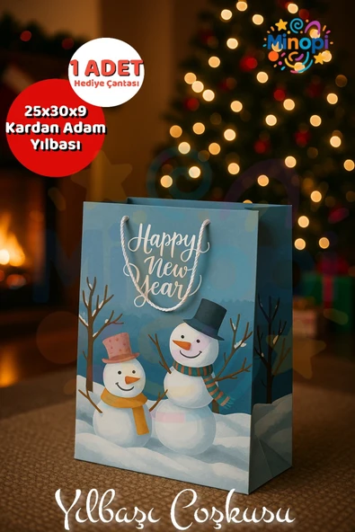 ( 1 Adet ) Kardan Adam Desenli Hediye Çantası Mavi Yılbaşı Hediye Poşeti 25x30x9 Christmas ürün görseli