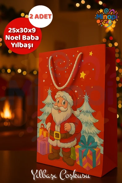 ( 2 Adet ) Noel Baba Desenli Hediye Çantası Kırmızı Yılbaşı Hediye Poşeti 25x30x9 Christmas ürün görseli