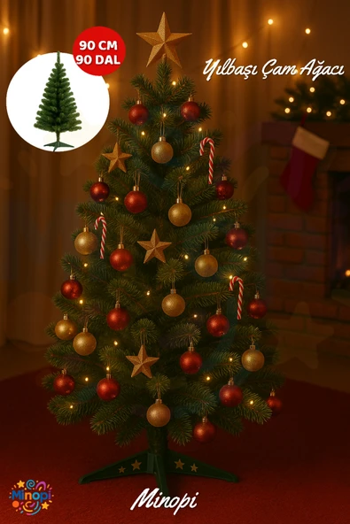 90 cm Yılbaşı Çam Ağaç Seti ve Yılbaşı Süsleri Paketi | Yılbaşı Işığı | Christmas Tree | Noel - Resim 6