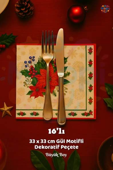 Gül Motifli Peçete Sunumluk I16 Adet Dekoratif Estetik Yılbaşı Parti Konsepti 33x33 Cm ürün görseli