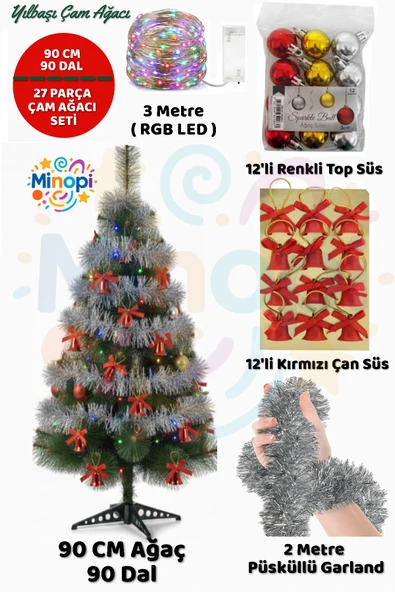 90 cm Yılbaşı Çam Ağaç Seti ve Yılbaşı Süsleri Paketi | Yılbaşı Işığı | Christmas Tree | Noel ürün görseli