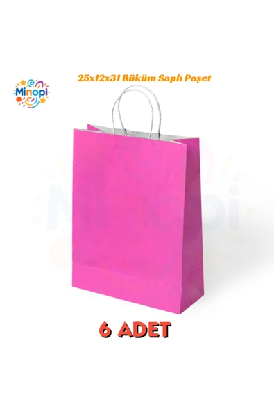6 Adet Büküm Saplı Fuşya Çanta 25x12x31 cm Kağıt Çanta ürün görseli 1