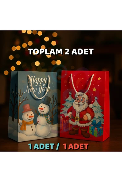 Noel Baba ve Kardan Adam Desenli Hediye Çantası Seti – 2’li Kırmızı & Mavi Yılbaşı Hediye Poşeti ürün görseli