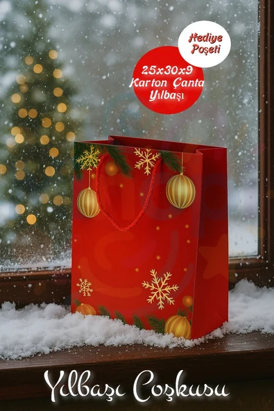 Noel Desenli Hediye Çantası Kırmızı I 10 Adet Yılbaşı Hediye Poşeti 25x30x9 Christmas - Resim 3