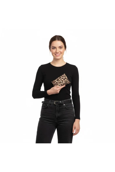 Leopar Desenli Mini Kartlık Cüzdan  Para Kesesi Kart Tutucu Çıtçıtlı Model 10x7 cm ürün görseli