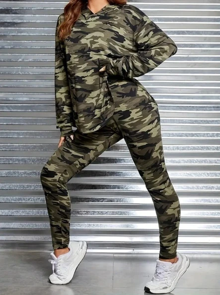 Kadın Uzun Kollu Kapşonlu Kamuflaj Desenli Bluz Ve Pantolon Tayt Ikili Takım - Resim 4