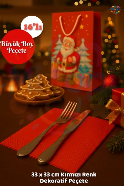 Kırmızı Peçete Sunumluk I16 Adet Dekoratif Estetik Yılbaşı Parti Konsepti 33x33 Cm ürün görseli