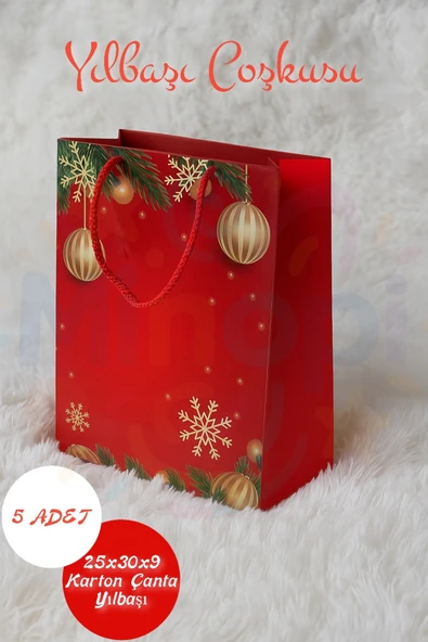 Noel Desenli Hediye Çantası Kırmızı I 5 Adet Yılbaşı Hediye Poşeti 25x30x9 Christmas ürün görseli