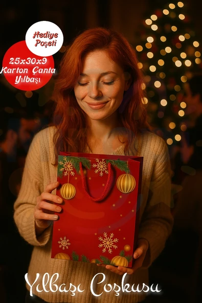 Noel Desenli Hediye Çantası Kırmızı I 10 Adet Yılbaşı Hediye Poşeti 25x30x9 Christmas - Resim 2