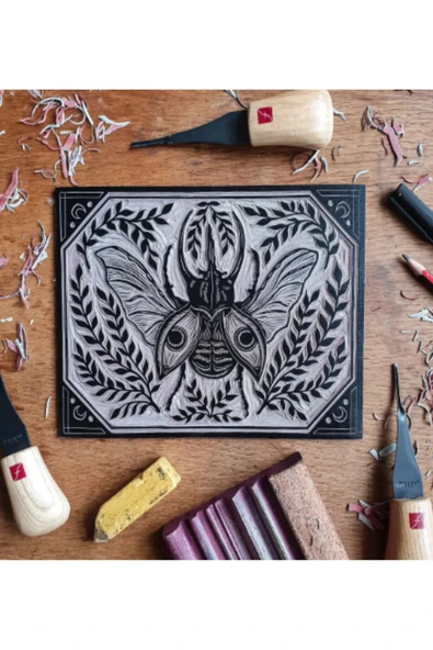 Linol Tabaka Levha 2.5 Mm 35x50 Cm , Siyah Mürekkep , Sünger Rulo Merdane , 6'lı Oyma Seti - Resim 4