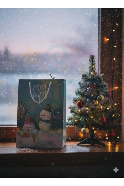 ( 20 Adet ) Kardan Adam Desenli Hediye Çantası Mavi Yılbaşı Hediye Poşeti 25x30x9 Christmas - Resim 3