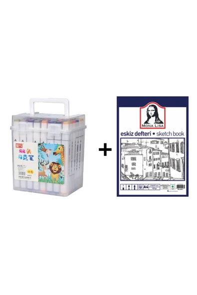 48'li Çift Taraflı Art Marker Keçeli Kalem Seti Kutulu + Mona Lisa Eskiz Defteri A4 50 Yaprak 120GR. ürün görseli