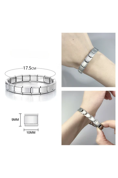 Paslanmaz Çelik İtalyan Charm  Esnek Erkek Kadın Bileklik 17.5 cm Gümüş Renk ( 1 ADET ) - Resim 4