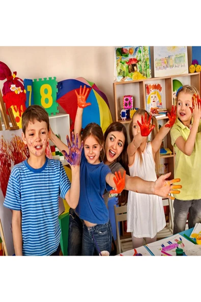 6x25 ml Parmak Boyası, 3 Adet Eva Baskı, Ponpon Fırça, Sünger Rulo, Palet, Fırça Çocuk Boyama Seti - Resim 2