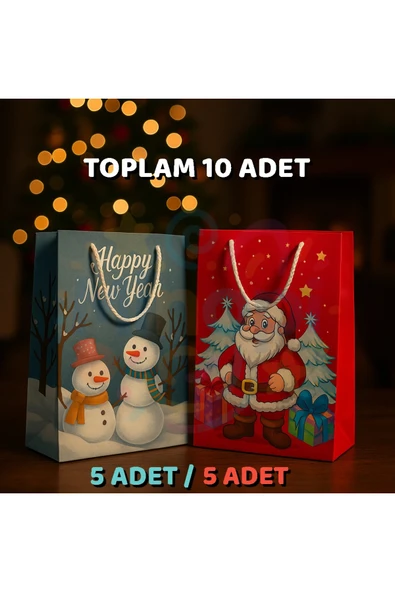 Noel Baba ve Kardan Adam Desenli Hediye Çantası Seti – 10'lu Kırmızı & Mavi Yılbaşı Hediye Poşeti ürün görseli