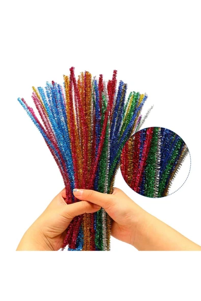 5 Paket Simli Şönil Renkli Paketi 25'li Renkli Tüylü Tel - Resim 3