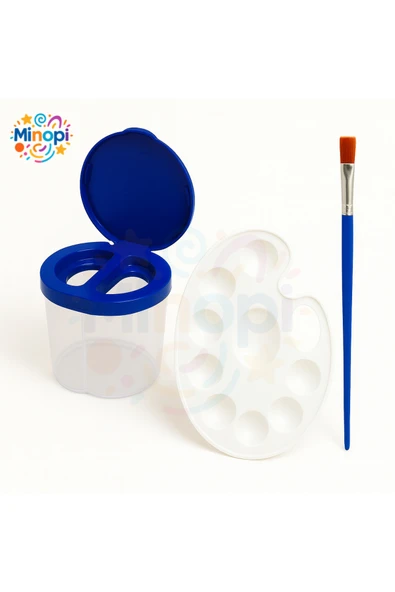 Sulu Boya Seti 3'lü Set ( Lacivert Su Kabı + Resim Paleti + Fırça ) Anaokulu Resim Malzemesi Kreş ürün görseli