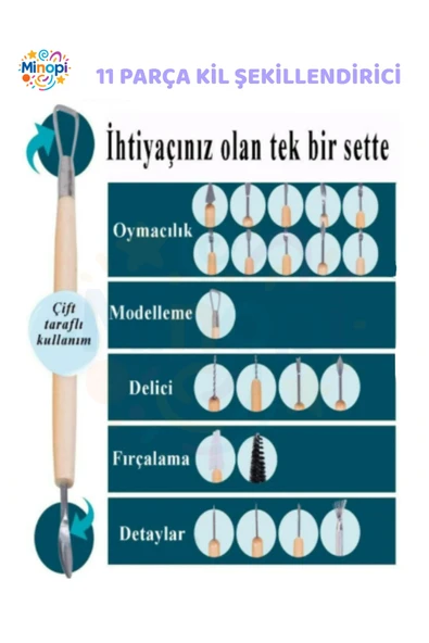 Seramik Kil Çömlek Şekillendirici Ahşap Saplı 11 Parça 1 Paket Seramik Modelaj Oyma ve Temizleme Set - Resim 2