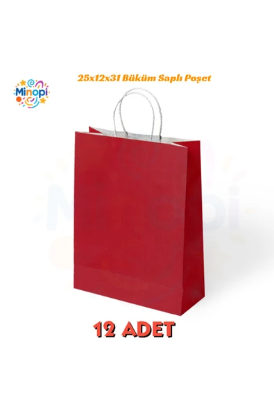 12 Adet Büküm Saplı Kırmızı Çanta 25x12x31 cm Kağıt Çanta ürün görseli 1