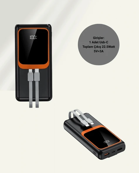 Powerbank 20000 mAh | 22.5W Hızlı Şarj, Dahili Kablolu, LCD Ekranlı Şarj Cihazı - Resim 5