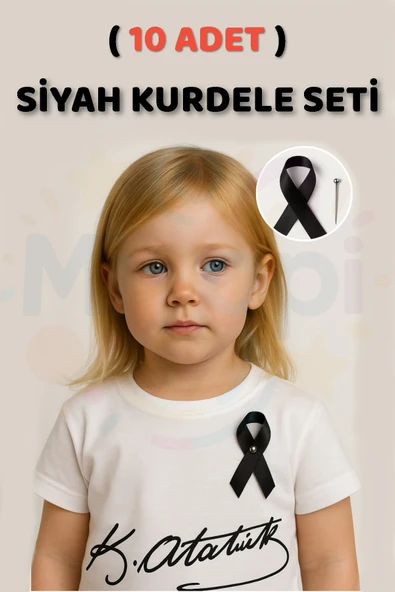 ( 10 Adet ) Siyah Kurdele , 10 Kasım Atatürkü Anma Günü Kurdelesi ve İğne 20 cm - 2 mm ürün görseli