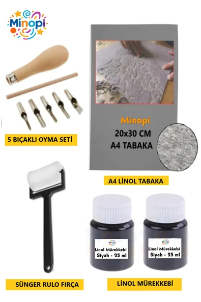 Linol Tabaka Levha 2.5 Mm 20X30 Cm , 2x Siyah Mürekkep , Rulo Sünger , 5'li Oyma Seti , Linol Baskı ürün görseli
