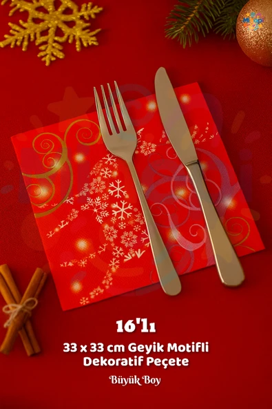 Kırmızı Geyikli Peçete Sunumluk I16 Adet Dekoratif Estetik Yılbaşı Parti Konsepti 33x33 Cm ürün görseli