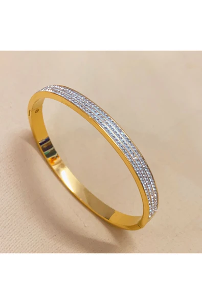 Zirkon Taşlı Altın Renk Paslanmaz Çelik Bileklik  Kadın Şık Takı Suya Dayanıklı - Resim 3