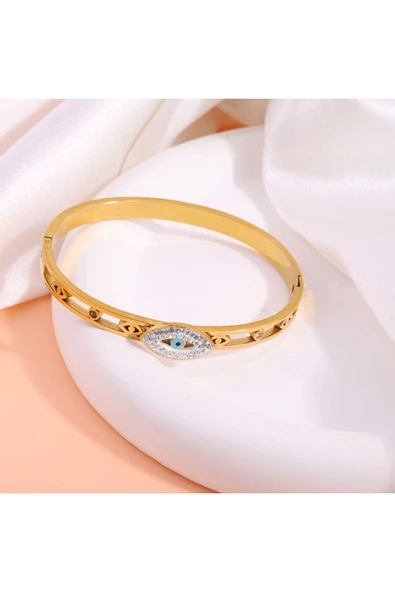 Göz Motifli Kadın Bilezik Altın Renk Taşlı Nazar Boncuğu ürün görseli