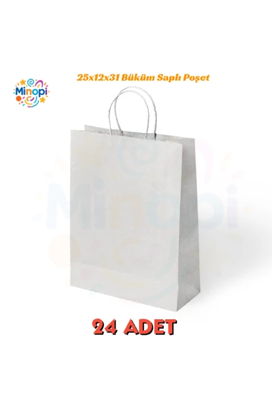 24 Adet Büküm Saplı Beyaz Çanta 25x12x31 cm Kağıt Çanta ürün görseli 1
