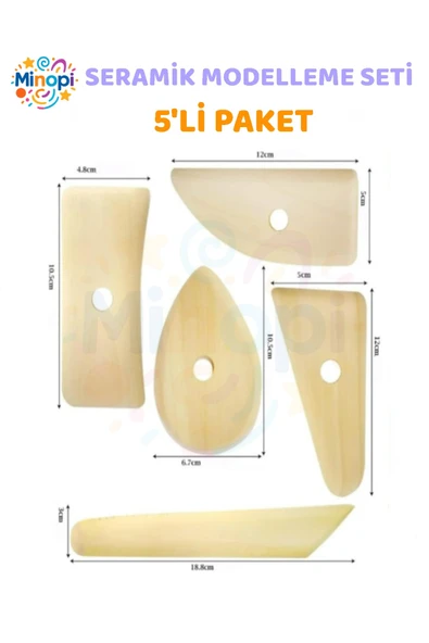 Yassı Ebeşuar 5 li Paket Seramik Çömlek Kil Heykel Kazıyıcı Şekillendirme Aleti Ahşap Kil Modelleme - Resim 2