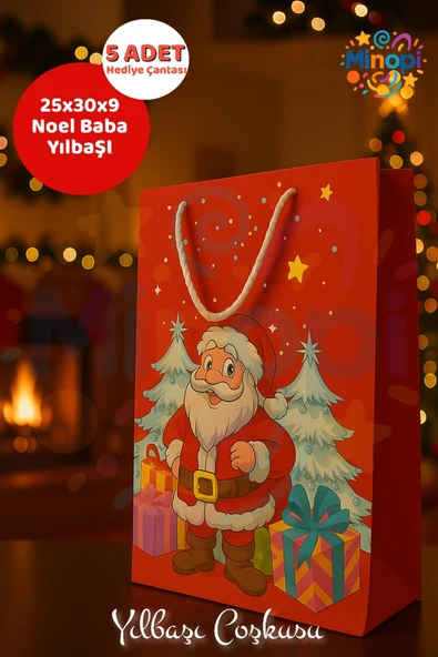 ( 5 Adet ) Noel Baba Desenli Hediye Çantası Kırmızı Yılbaşı Hediye Poşeti 25x30x9 Christmas ürün görseli